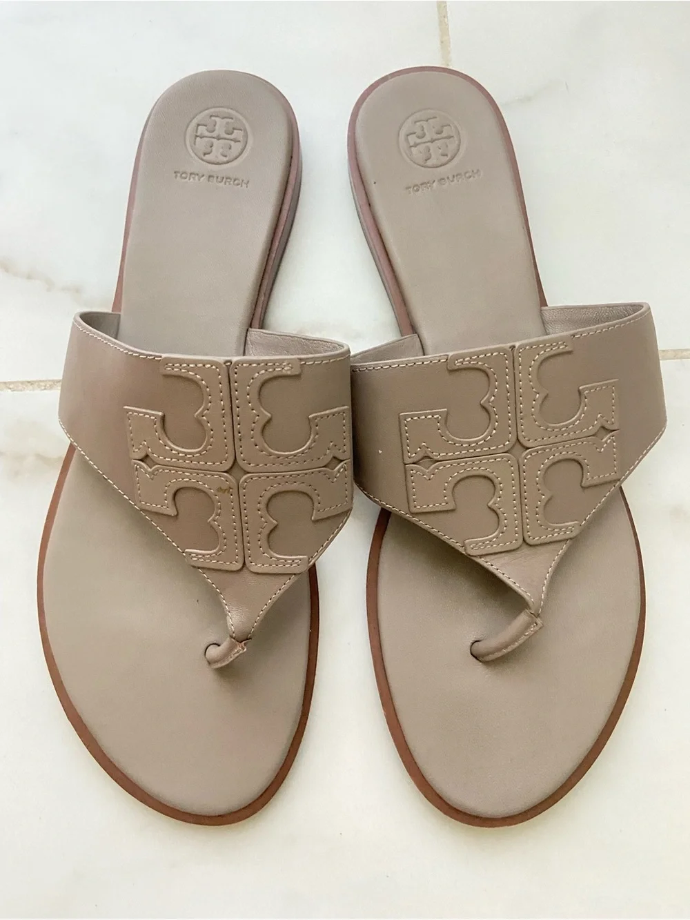 Tory Burch Beige Leather Logo Thong Sandals